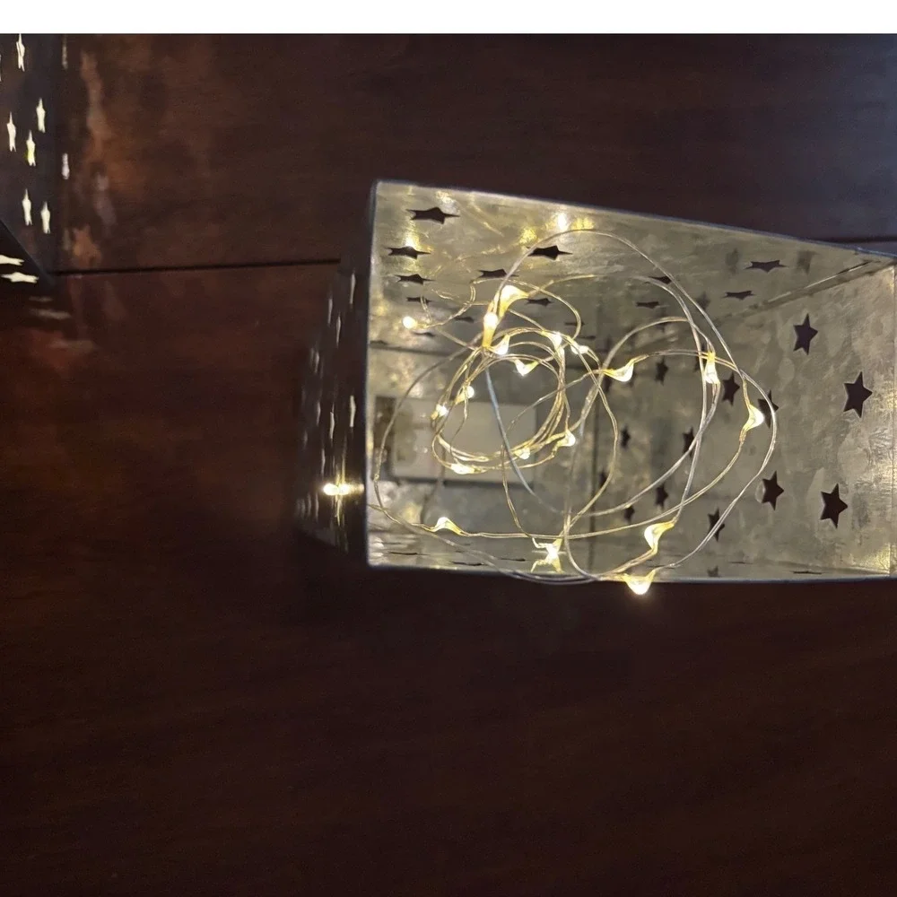 Galvanized Metal Star Cutout LED Lanterns Set of 2 Silver Rustic Good